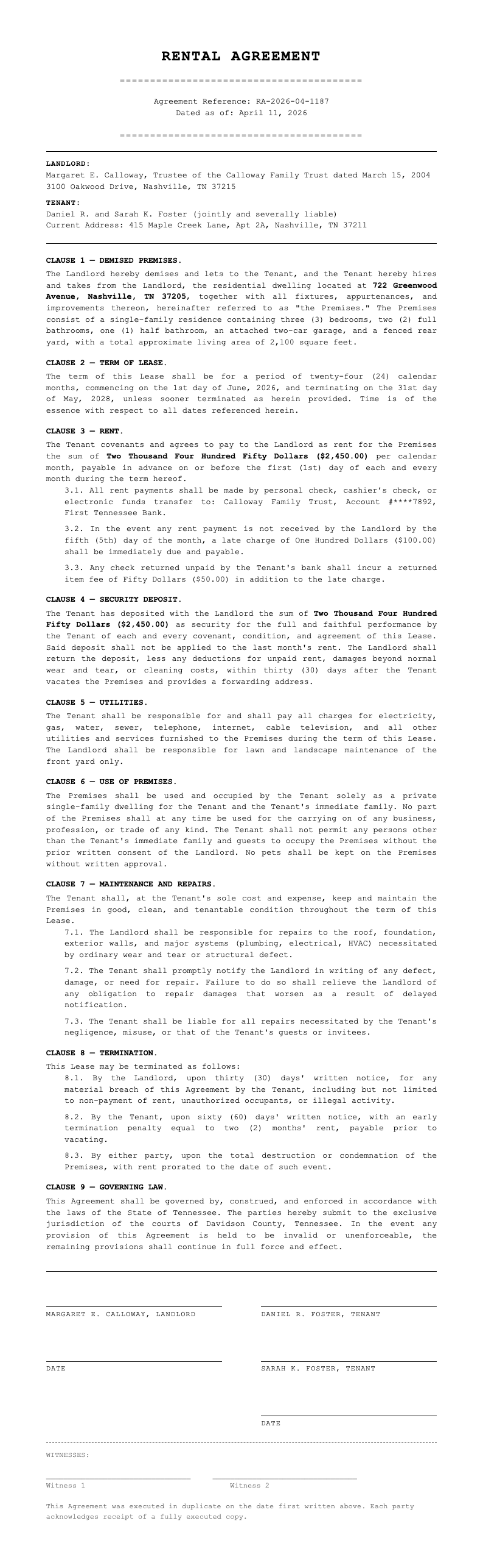 Plain formal rental agreement